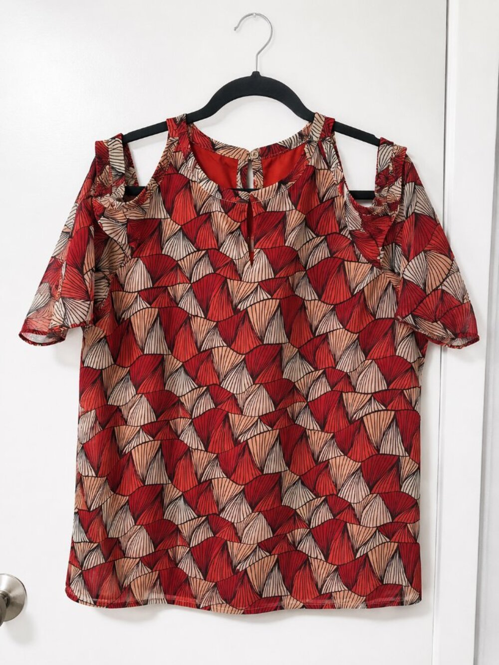 Red Geometric Cold Shoulder Blouse